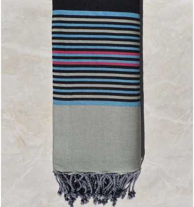 Fouta gigante gris negro con rayas azul claro, verde pálido y rosa 