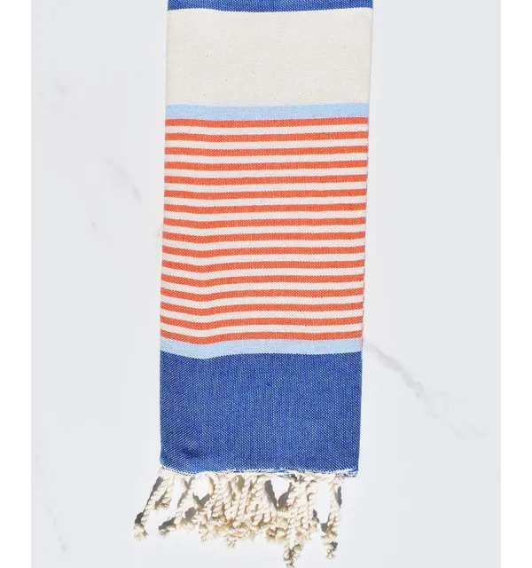 Toalla de playa plana infantil Jeans azul cielo, naranja y blanco cremoso. 