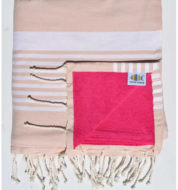 Toalla de playa doble esponja beige rosado y fushia 