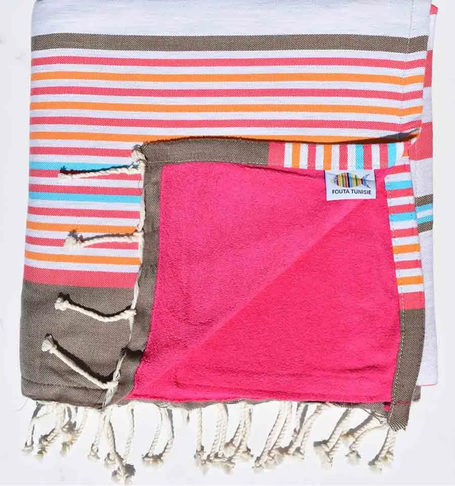 toalla de playa duplicado esponja fucsia rosa, corindon beige gris, naranja, azul 