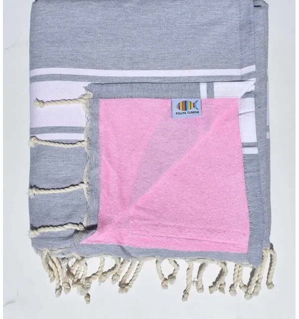 toalla de playa duplicado esponja gris claro y rosa Fouta Tunisia - 1