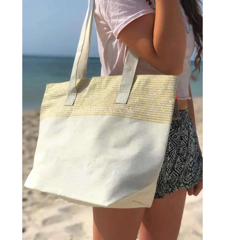 Bolsa de playa color crudo con lurex dorado Fouta Tunisia - 1