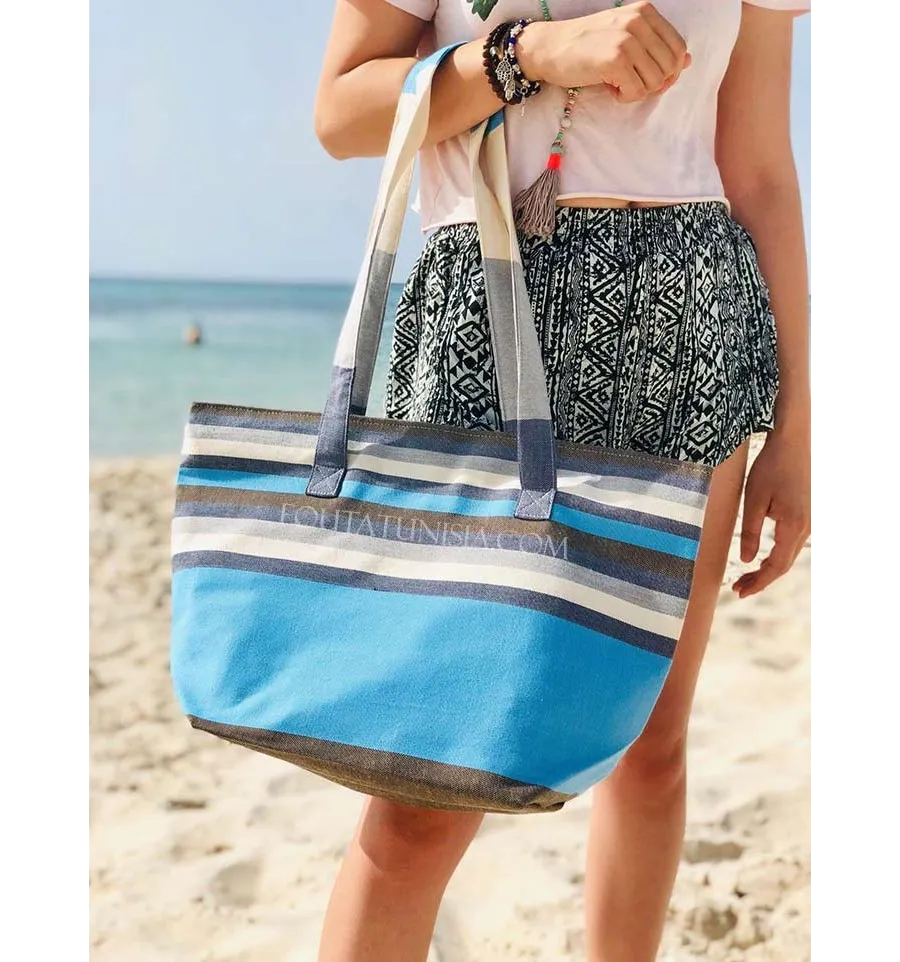 Bolsa de playa Toalla de playa 5 colores Jeans azul cielo, blanco, gris, naranja, marrón y azul Fouta Tunisia - 2