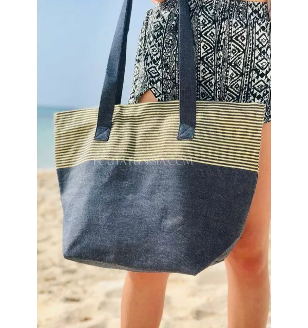 Bolsa de playa color azul marino con lurex dorado  - 2