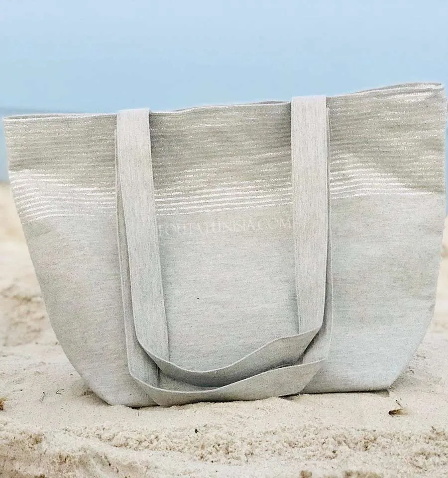 bolsa de playa Toalla de playa color gris claro con lurex plata  - 3