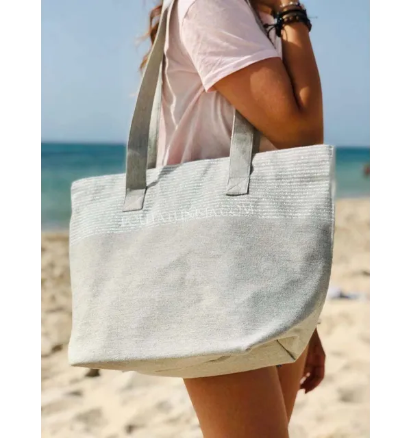 bolsa de playa Toalla de playa color gris claro con lurex plata  - 1