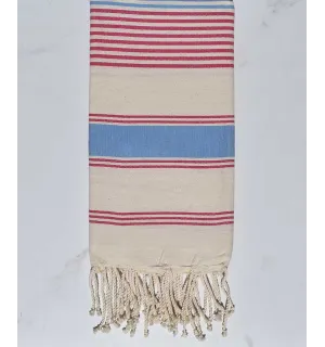 Toalla de playa dina blanco crema, azul claro y rosa oscuro Fouta Tunisia - 1