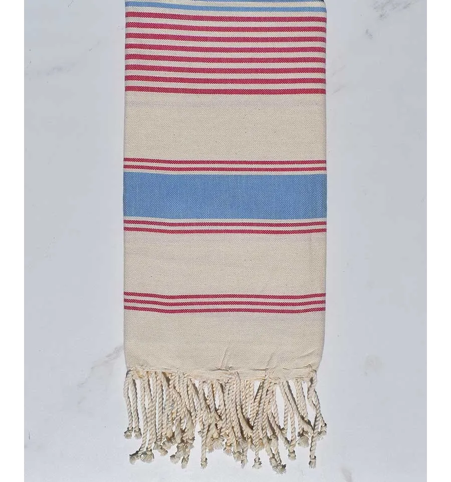 Toalla de playa dina blanco crema, azul claro y rosa oscuro Fouta Tunisia - 1