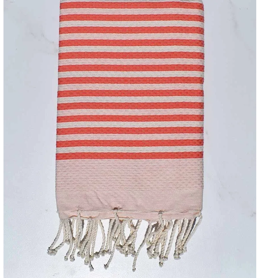 Fouta de nido de abeja a rayas de 1 cm de color rosa coral Fouta Tunisia - 1