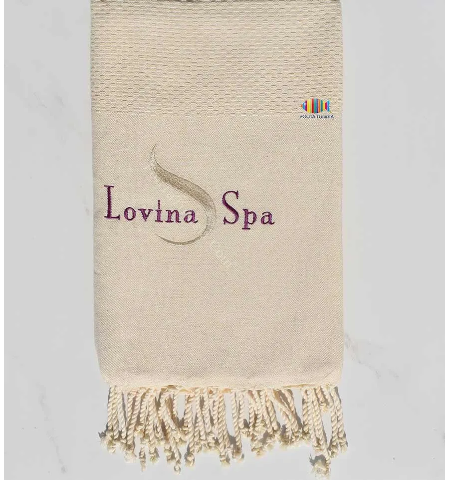 Toalla de playa nido de abeja color beige bordado Lovina SPA Fouta Tunisia - 1