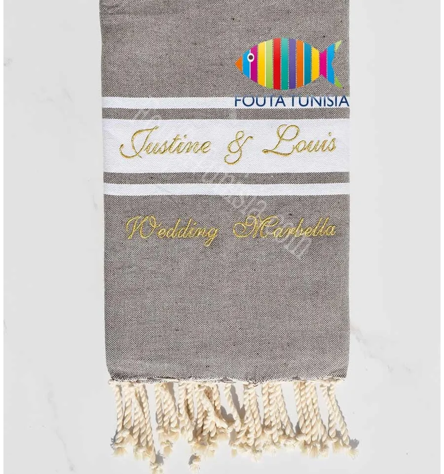 Toalla de playa color topo bordada con hilo de lurex dorado Fouta Tunisia - 1