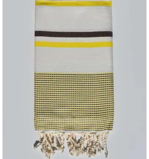 Toalla de playa chevron blanco crema, amarillo neón y marrón Fouta Tunisia - 1