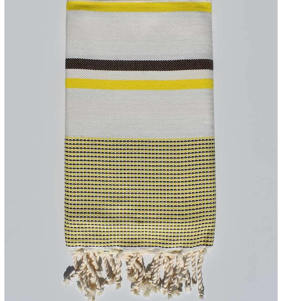 Toalla de playa chevron blanco crema, amarillo neón y marrón Fouta Tunisia - 1