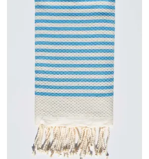 Toalla de playa nido de abejas rayas 1cm franja azul celeste Fouta Tunisia - 1