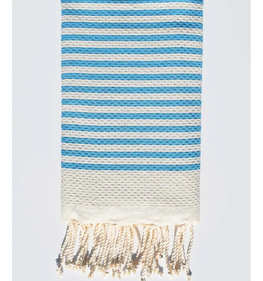 Toalla de playa nido de abejas rayas 1cm franja azul celeste Fouta Tunisia - 1