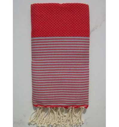 FOUTA NID D'ABEILLE rouge bourgogne rayée blanc 