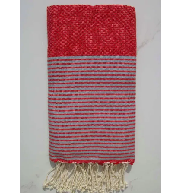 FOUTA NID D'ABEILLE rouge bourgogne rayée blanc 