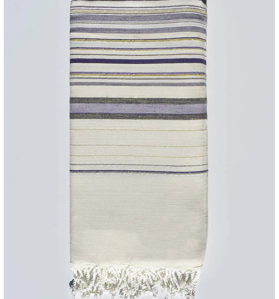 Toalla de playa gigante Fadhila blanco cremoso, amatista y morado con lurex Fouta Tunisia - 1