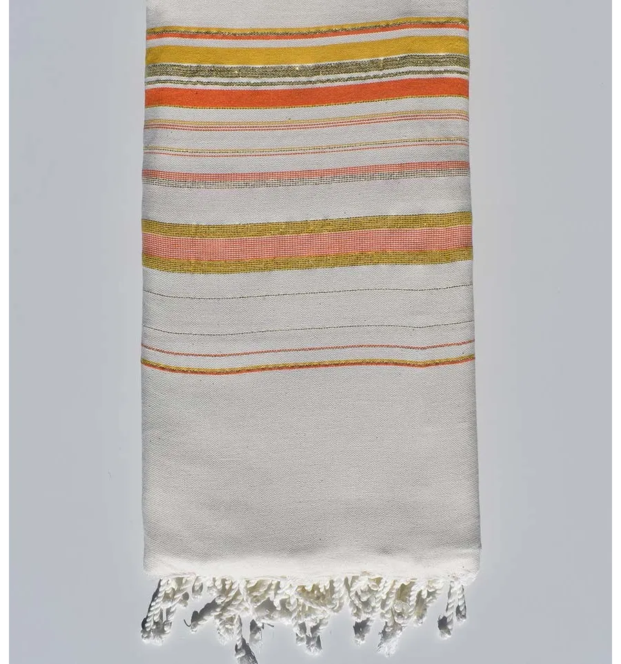 Toalla de playa gigante Fadhila blanco crema, naranja y mostaza con lurex Fouta Tunisia - 1