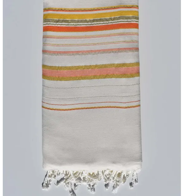 Toalla de playa gigante Fadhila blanco crema, naranja y mostaza con lurex Fouta Tunisia - 1